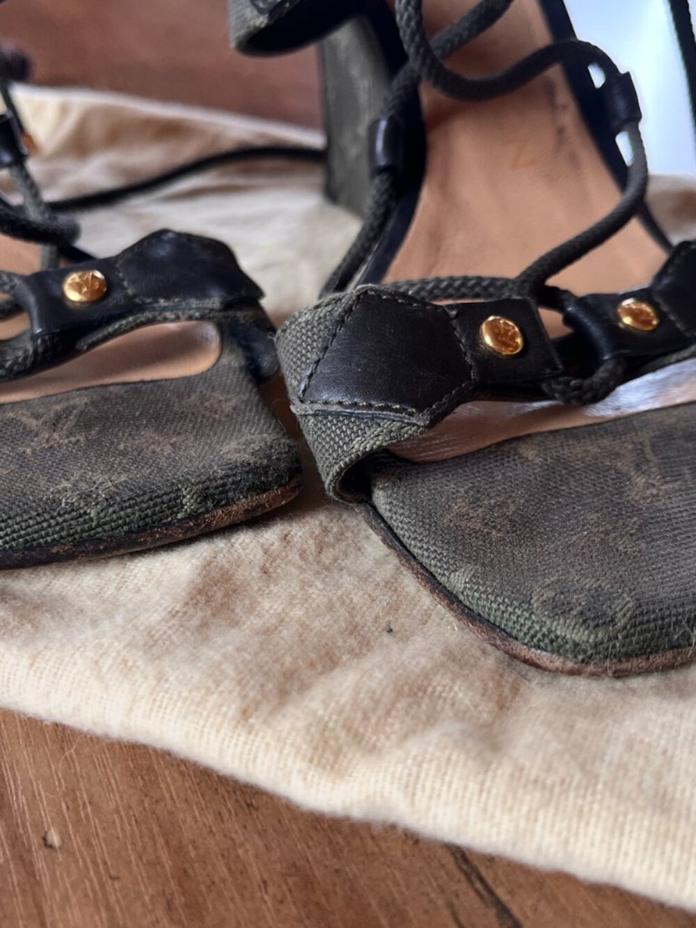 Louis Vuitton Monogram Lace Up Heeled Sandals Size 37 Brown Canvas Wedge Heels - Picture 4 of 8